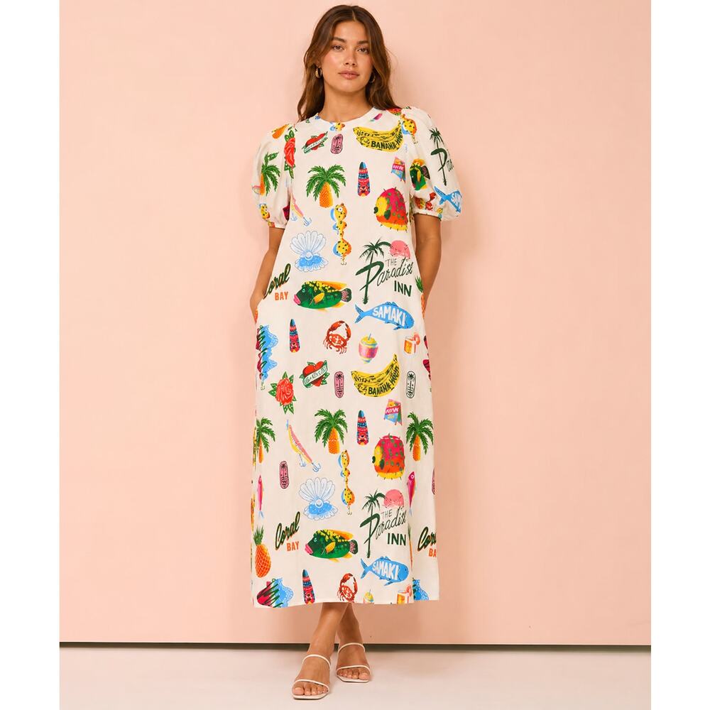 Sunday Up Paradise Printed Puff Sleeve Midi Dress Beige Multi Size Medium - Picture 2 of 11